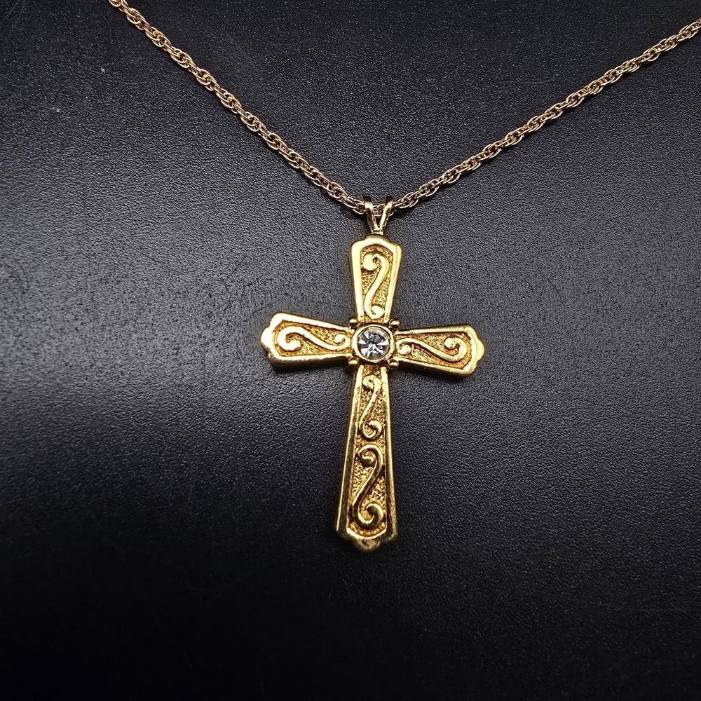 Gold Tone Cross Pendant Necklace Rhinestone Vintage Costume Jewelry